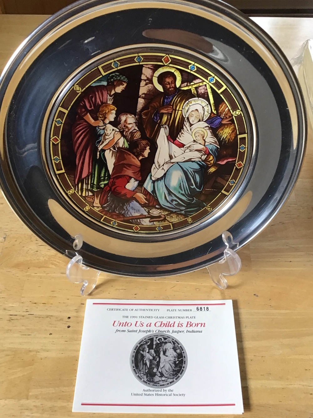 Stained Glass Nativity Decorative Plate - Blue & Gold